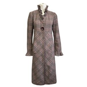 Vintage Italian LE FULL wool plaid houndstooth ruffled midi pea coat woman’s 4